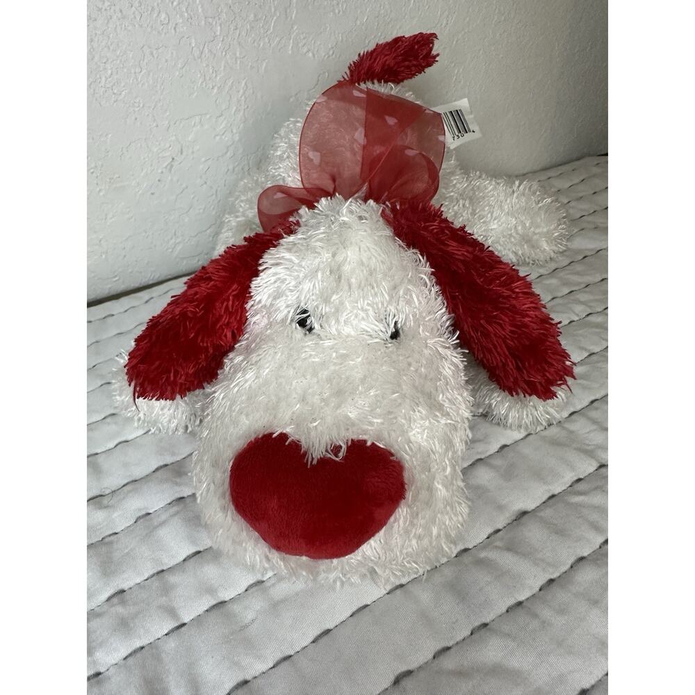 Plush Walmart Dog Floppy Red & White Shaggy Heart Nose 11” Bow Valentine’s Day